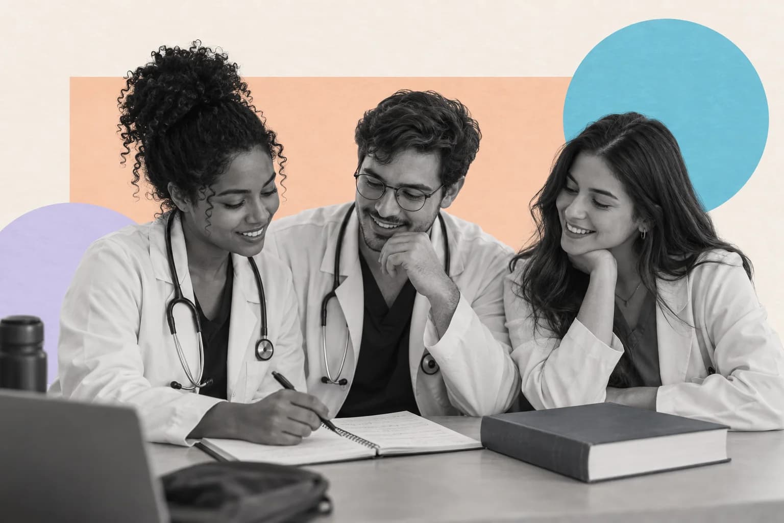 Colagem ilustrativa de três estudantes de medicina estudando juntos.